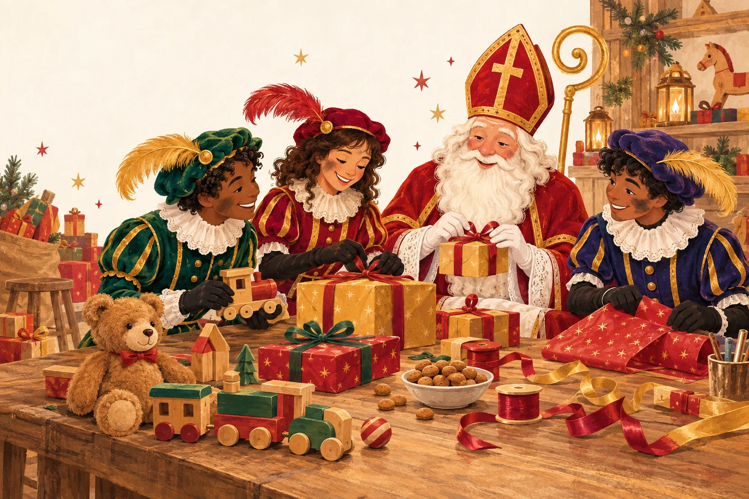 Feestelijke illustratie van Sinterklaas en drie Pieten die speelgoed en cadeaus klaarzetten.